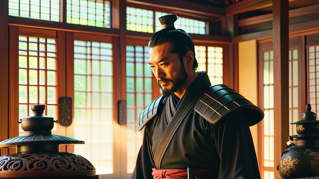  a serene japanese workshop setting, featuring a samurai in traditional armor with a top knot, intricately carving wood. sunlight filters through shoji screens, illuminating tools and wooden sculptures, evoking harmony between craftsmanship and culture. hyperrealistic, full body, detailed clothing, highly detailed, cinematic lighting, stunningly beautiful, intricate, sharp focus, f/1. 8, 85mm, (centered image composition), (professionally color graded), ((bright soft diffused light)), volumetric fog, trending on instagram, trending on tumblr, HDR 4K, 8K