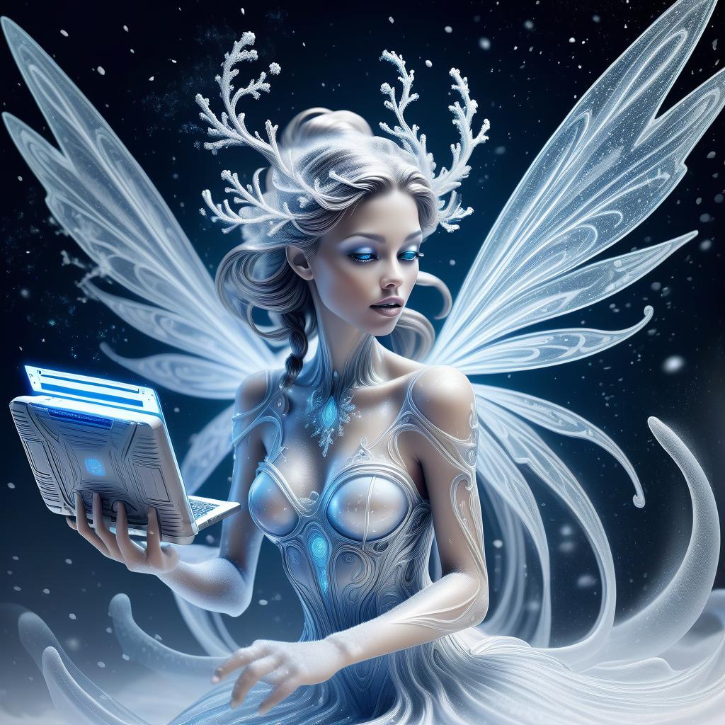  line art drawing highly detailed translucent snow fairy with wings of snow (holding a computer video card:1.3), blizzard appear from the pages of a fairy tale book, translucent snow blizzard magic snow fairy reaching out of a 3d sculptured book; the souls escaping from book, motion blur action side profile shot of spirit tepping out of book, astrodimensional iridescent spirit of the light, disintegrating into starlight and holographic particulate trails of wispy snow by alberto seveso by giger liquid snow effects in wind :: wind blowing left 3d shading; pulsing with an inner light; clear and sparkling, smooth, flowing, shimmer; 16k resolution, hyperdetailed, intricate beautiful details . professional, sleek, modern, minimalist, graphic, lin