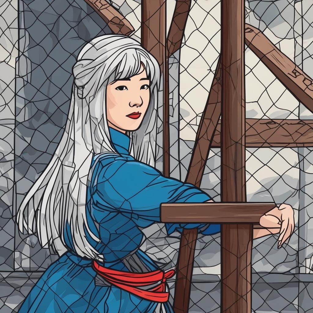  white-haired Chinese girl dressed in blue Han clothes lies desperately on the guillotine