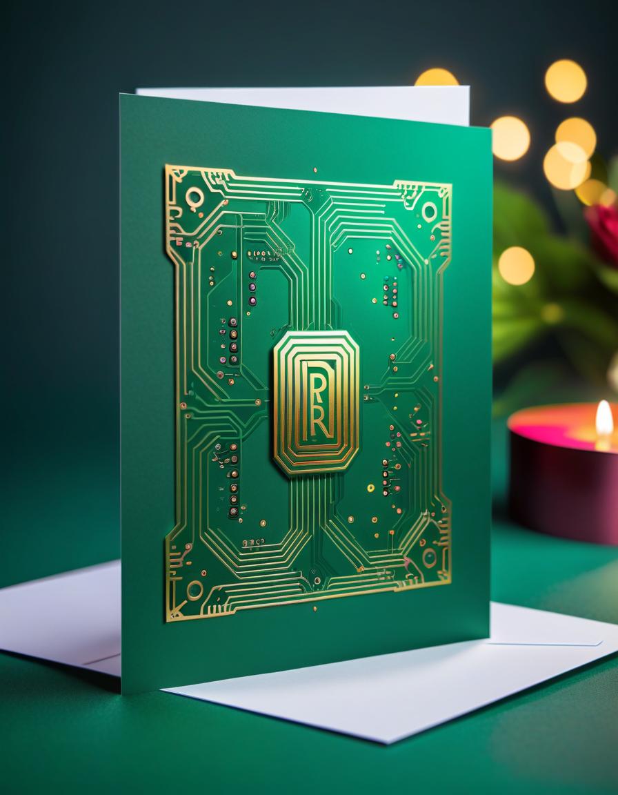  ethereal fantasy concept art of (birthday greeting card:1.5), card design: green background with (decorated with electronics style pcb tracks ). in the center of the card is a flower shaped computer processor, there is an inscription on top of the postcard text "microelectronics", (computer processor:1,1), (led:1,2), led color:golden, silvery white, burgundy, green. (style) :fantasy, design art, retro, postcards. . magnificent, celestial, ethereal, painterly, epic, majestic, magical, fantasy art, cover art, dreamy, hkmagic, text hyperrealistic, full body, detailed clothing, highly detailed, cinematic lighting, stunningly beautiful, intricate, sharp focus, f/1. 8, 85mm, (centered image composition), (professionally color graded), ((bright soft diffused light)), volumetric fog, trending on instagram, trending on tumblr, HDR 4K, 8K