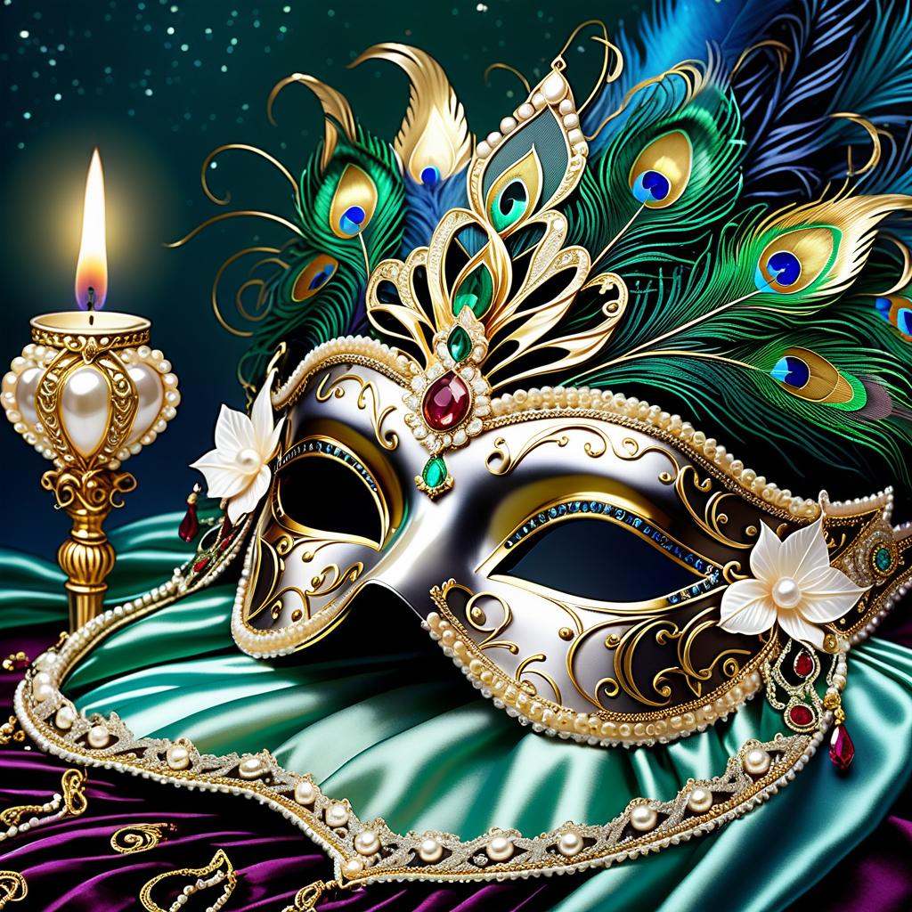  dreamscape (background):black silk cloak, topazes, rubies, emeralds, gold candlestick with white gold flame. ((the eye slits reflect the contours of the palaces and canals of venice1,9)). ((half mask columbine) a mask covering only part of the face. silver mask:with gold patterned ornamentation. colours:light green, blue, pearl cream, peacock feathers, gold and silver beads, gold leaf, gemstones, venetian lace, rhinestones, beads. (style):fantasy, renaissance, dream, mystery, mystery, dream, italy, venice, barcarolle, minestrel. . surreal, ethereal, dreamy, mysterious, fantasy, highly detailed