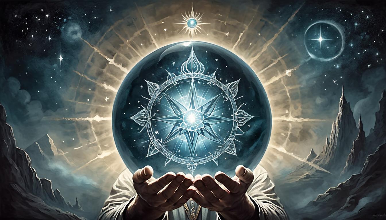  on parchment, surrealism+++, hands holding a radiant crystal orb, light radiating outwards, mystical energy, dark background with faint celestial symbols, powerful, transformative, hopeful(mysterious, provocative, symbolic,muted color)+++