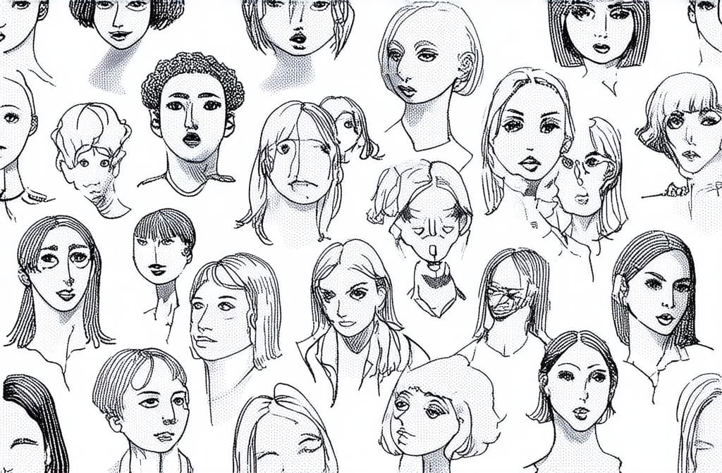  contour, very simple image in one unbroken black ink line, single line of people faces seamless pattern of hand drawn faces of different nationalities. simple flat style ar 3:2 using a single continuous black line ink brushon white background, drawing should be created without lifting the pen, recognizable features of people faces seamless pattern of hand drawn faces of different nationalities. simple flat style ar 3:2 in one unbroken line