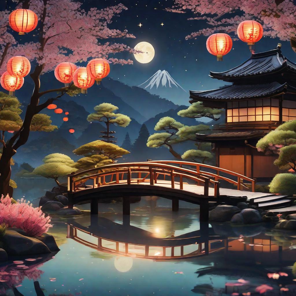  masterpiece, best quality,(fidelity: 1.4), best quality, masterpiece, ultra high resolution, 8k resolution, night view inspired by Japanese art, featuring a garden illuminated by paper lanterns and a wooden bridge spanning a tranquil lake with a small Zen temple by the lake. The water reflects the stars.