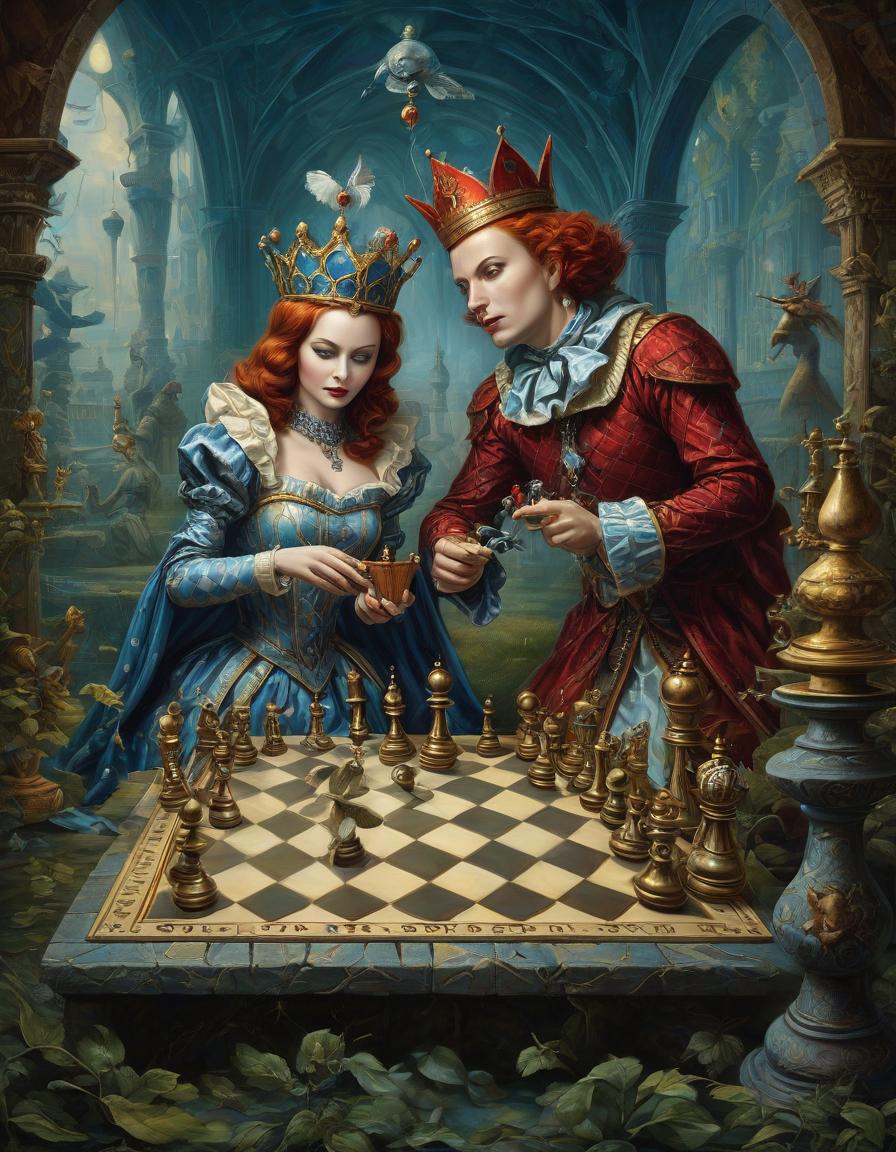  illustration, the jester and the queen play chess, in the style of michael cheval, metaphorical literary plot, surrealism, absurd combination of space, inverted reality, land of illusions, fantasy, hallucinations