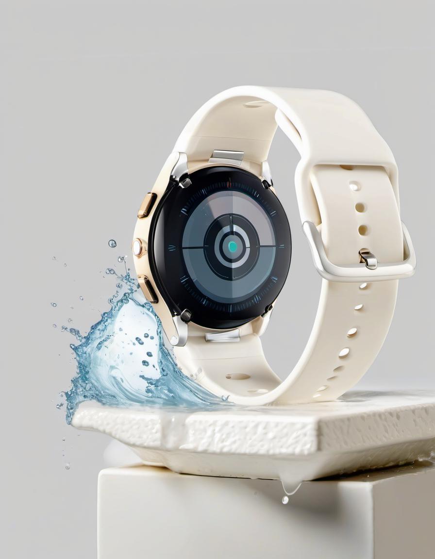  around the smart watch splashing water, light background, film photography style