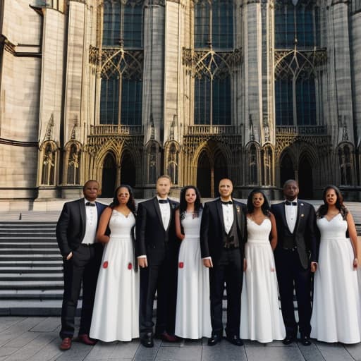  A group of diverse young adults in elegant formal attire stand before a majestic gothic cathedral illuminated by the soft morning light, ready for mass and fellowship.