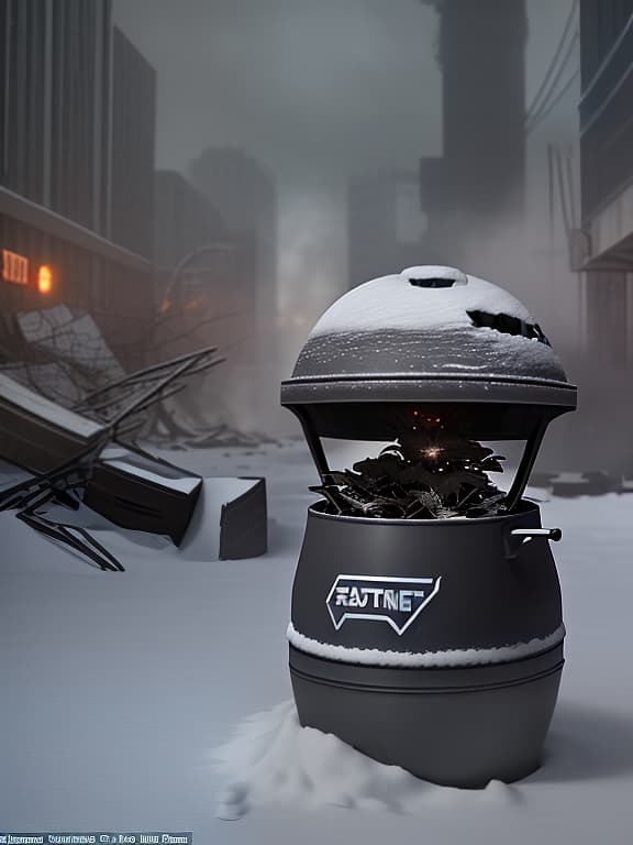  post apocalypse. darkness. a snowstorm. a robot that hides a pot with a small flower from the cold goes through a strong wind through a destroyed frozen city.