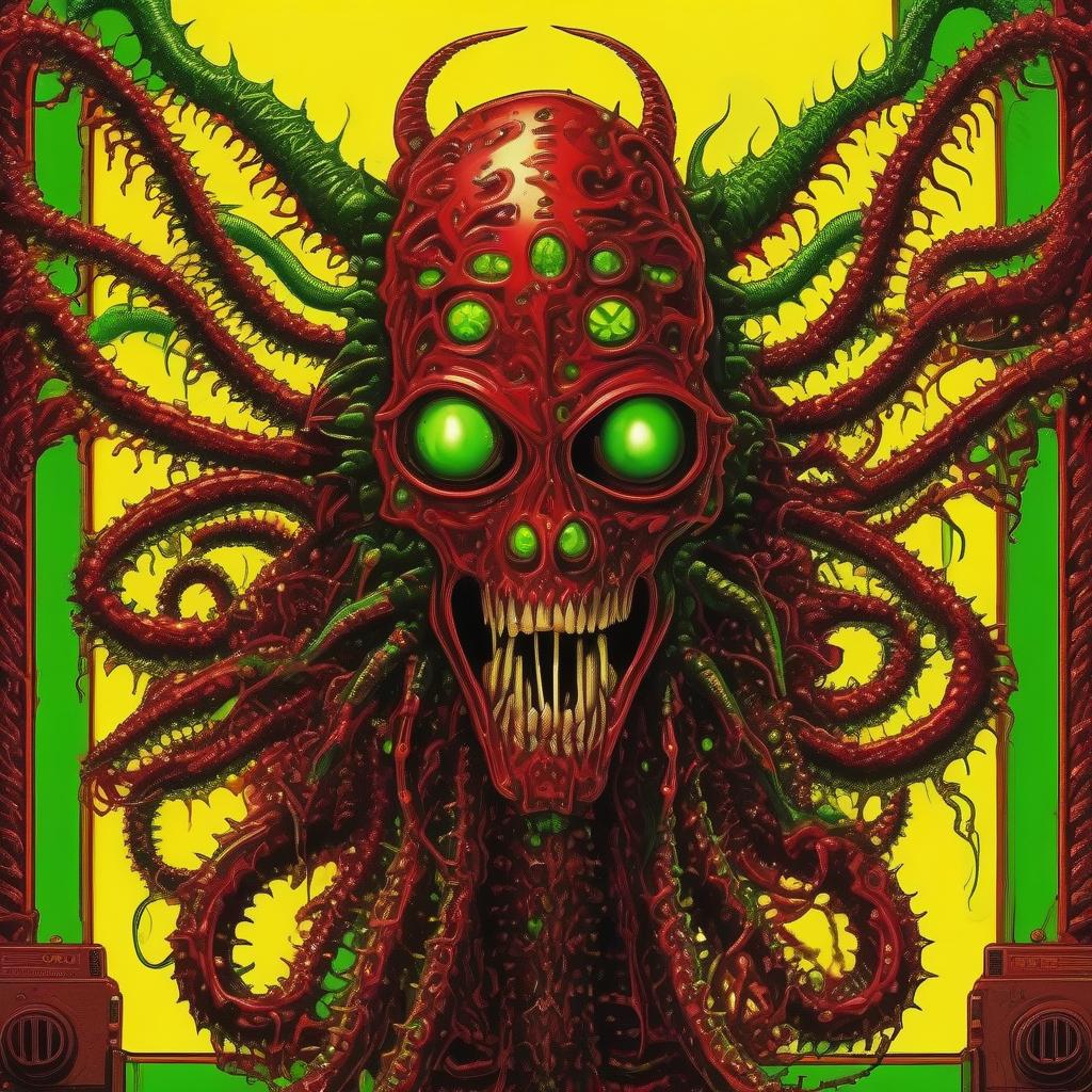  retro game art beautiful demone hellraiser whisperer giger demon looks scary prickly red watch in yellow smoke and green sparks suction wings looks scary prickly red watch in yellow smoke and green sparks suction cups tentacles eyes all lower jaw sting tentacles claws and a terrible moan in red smoke . 16 bit, vibrant colors, pixelated, nostalgic, charming, fun