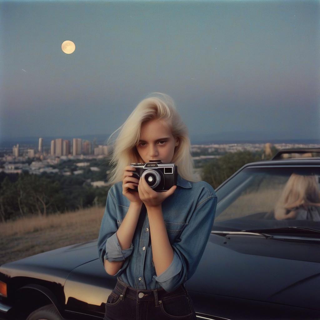  analog film photo a platinum blonde girl takes pictures on a polaroid in a black shirt, next to a guy there is a blonde in a denim shirt, a black car, a view from the hill, in the background the city, the time of dusk, a full light moon, the style of the 80 90s. . faded film, desaturated, 35mm photo, grainy, vignette, vintage, kodachrome, lomography, stained, highly detailed, found footage