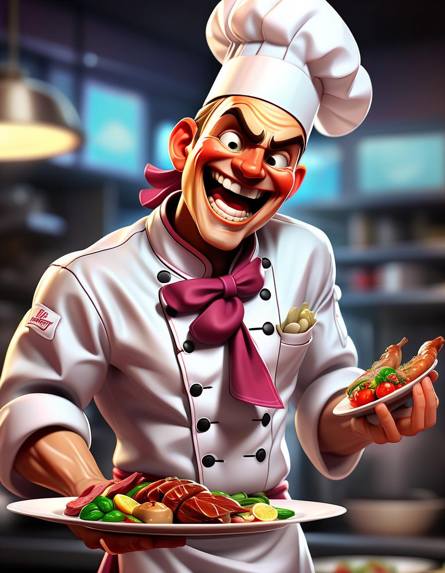  fighting game style a smiling chef holding a plate of a finished dish, proudly presenting it before serving. . dynamic, vibrant, action packed, detailed character design, reminiscent of fighting video games