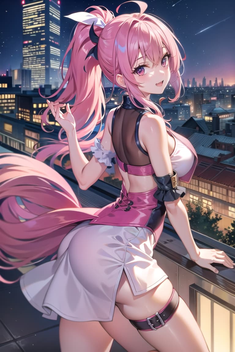  r 18, , middle , ,random situation, pink haired ,ponytail,large eyes,selfie at a rooftop party, city skyline, tail dress