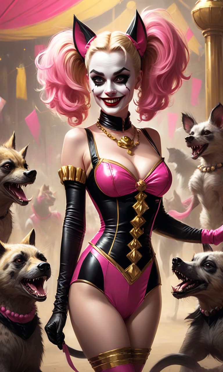  concept art pink, gold, black, white circus margot robbins to the waist in the image of harley quinn in a jester costume two hyena . digital artwork, illustrative, painterly, matte painting, highly detailed, perfect hands