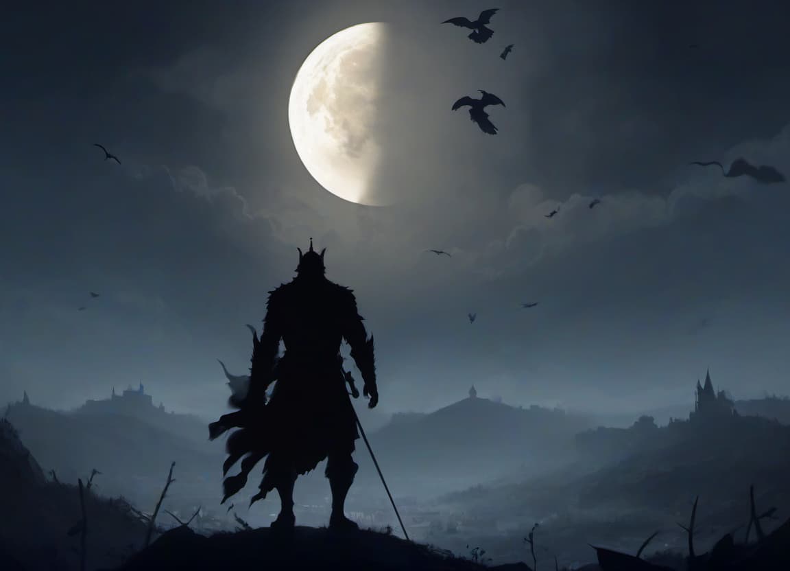  concept art silhouette of the hero behind which a huge creature from the middle ages in the full moon dark cartoon style . digital artwork, illustrative, painterly, matte painting, highly detailed, hkmagic