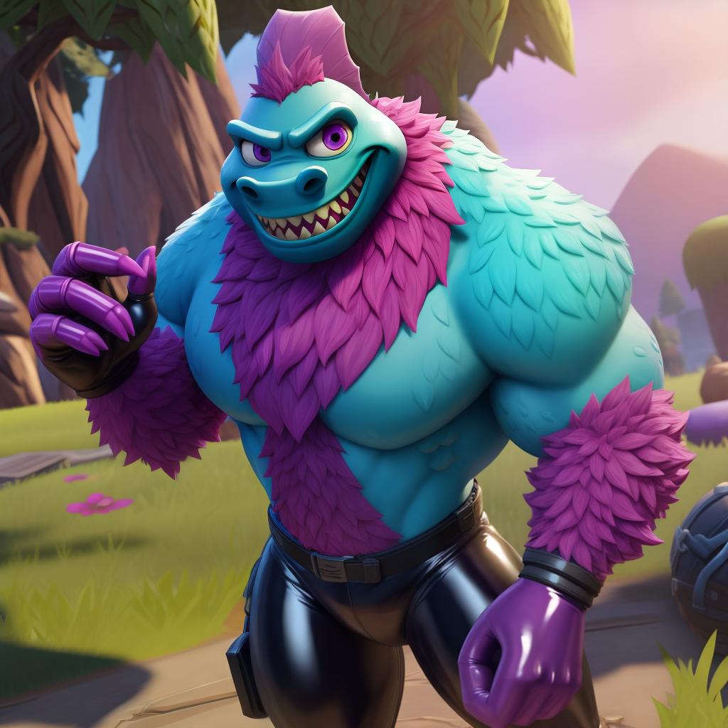  Evil scary Sully (monsters inc, Fortnite), full body, wearing rubber suit and gloves, open eyes, masterpiece, 4k, fine details,