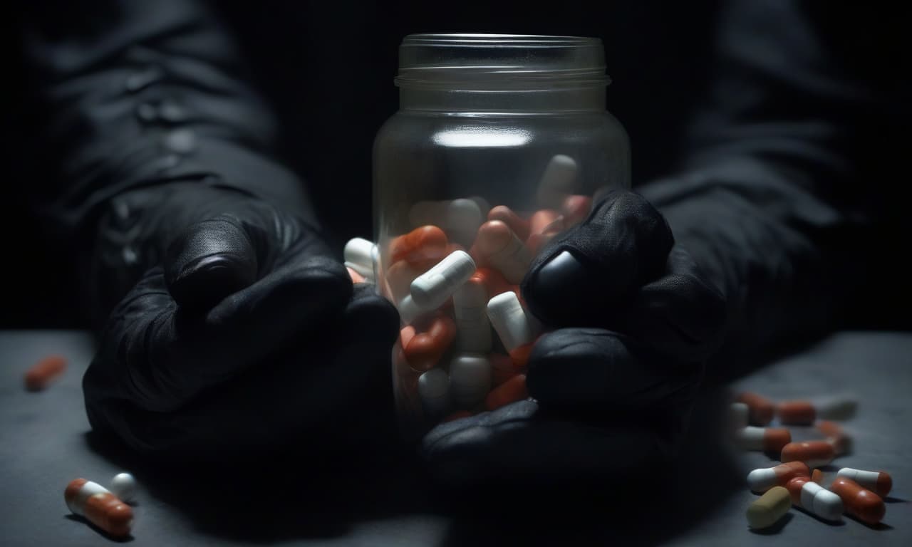  horror themed close up of a hand in a black glove holding a jar of pills. there's fog all around . eerie, unsettling, dark, spooky, suspenseful, grim, highly detailed