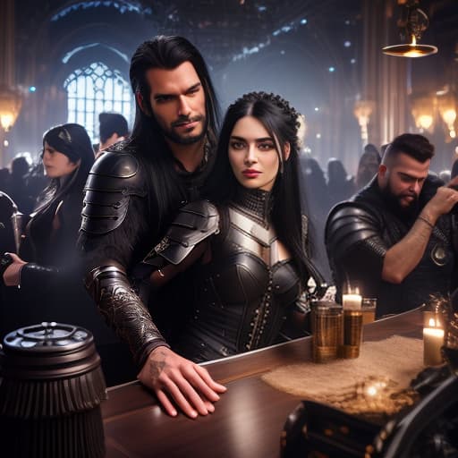  a girl with a leather armor, long black hair, hugs a guy with black hair hyperrealistic, full body, detailed clothing, highly detailed, cinematic lighting, stunningly beautiful, intricate, sharp focus, f/1. 8, 85mm, (centered image composition), (professionally color graded), ((bright soft diffused light)), volumetric fog, trending on instagram, trending on tumblr, HDR 4K, 8K