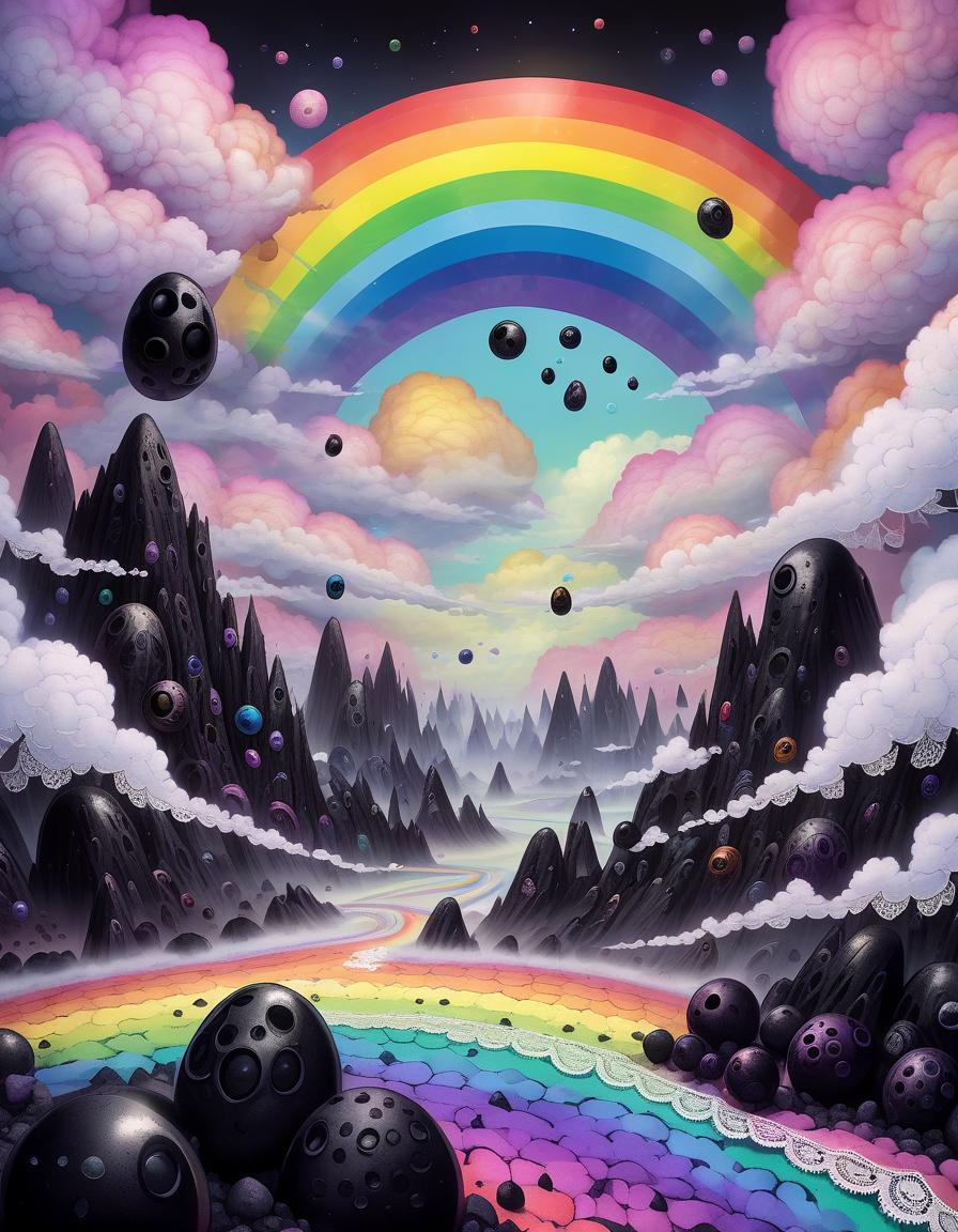  lovecraftian horror rainbow rocks surrounded by lace clouds. black plain with black balls. alienation . eldritch, cosmic horror, unknown, mysterious, surreal, highly detailed