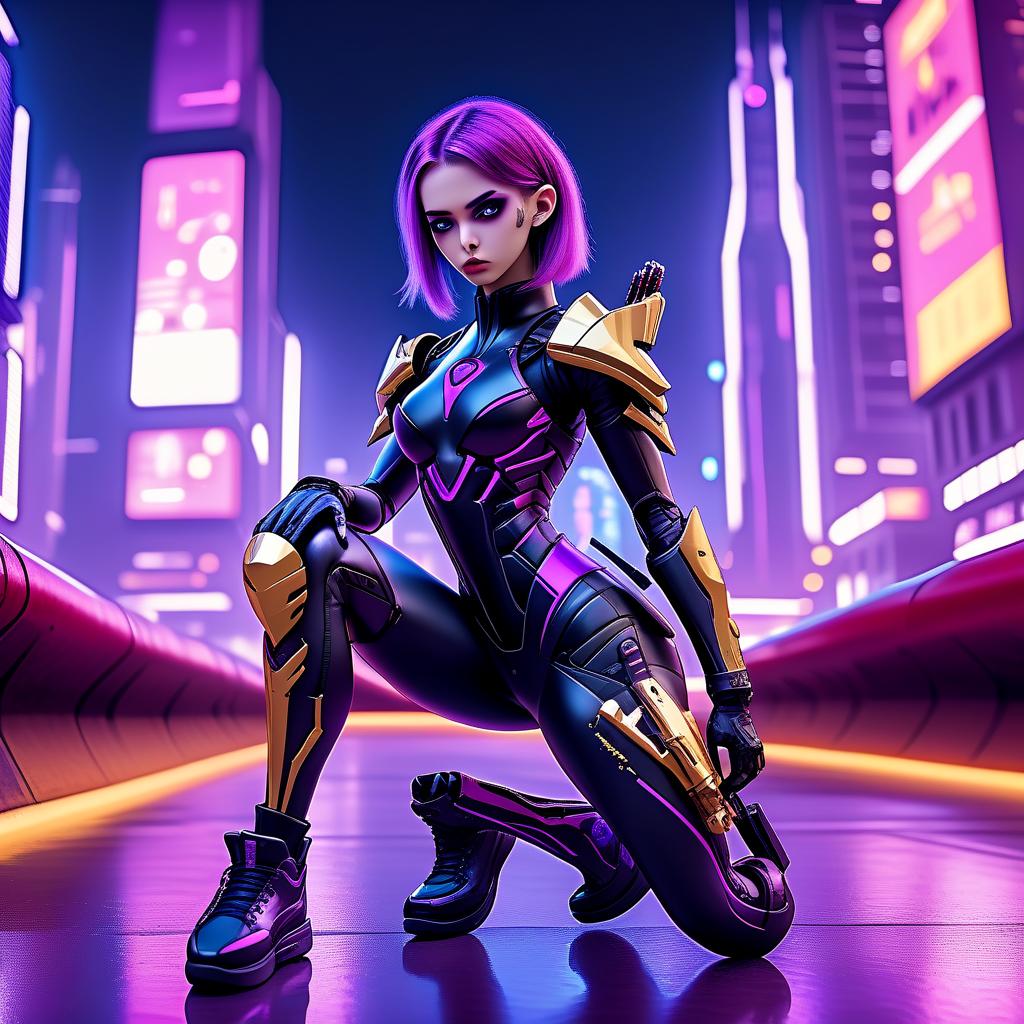  cinematic photo skater slender girl archer of the future, in fashionable elite black cool armor, in cyber implants, fully armed with a combat arsenal, stands in a calm pose, european appearance light skin, (eye color dark purple with golden veins: 1 / 3), (hair color dark red with purple: 1 / 2) 3d,hdt,ultra hd,hdr+,4k resolution, maximalism, realism, mitech agent, biomechanism, cyborgization, art, fantasy, both desktop wallpapers, cyberpunk detailing, in the background city of the future . 35mm photograph, film, bokeh, professional, 4k, highly detailed, hkmagic