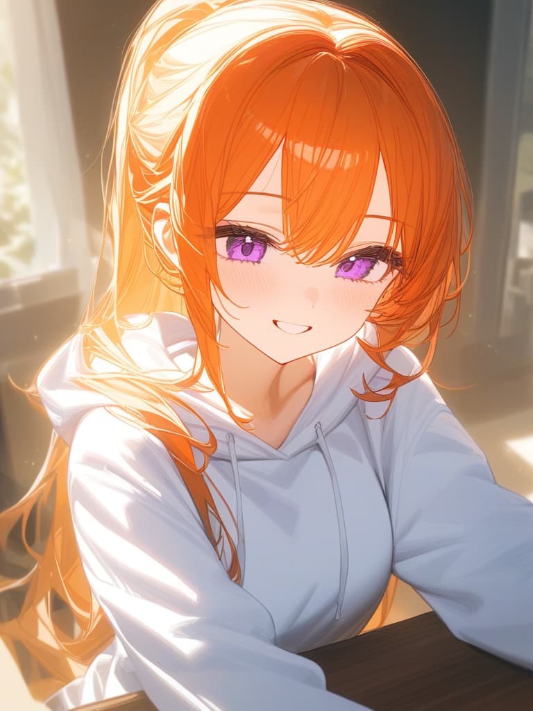  orange hair, long hair, ponytail, purple eyes, white hoodie, in the room, sunny, smiling, dark black, masterpiece, best quality,8k,ultra detailed,high resolution,an extremely delicate and beautiful,hyper detail