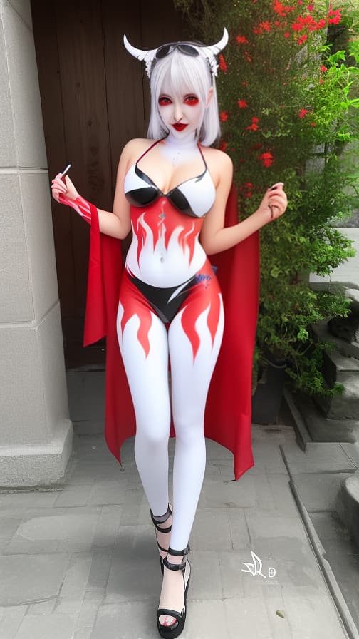  Full body red flame pattern body paint,silver body paint on the whole body, White face paint on the face, succubus 女性