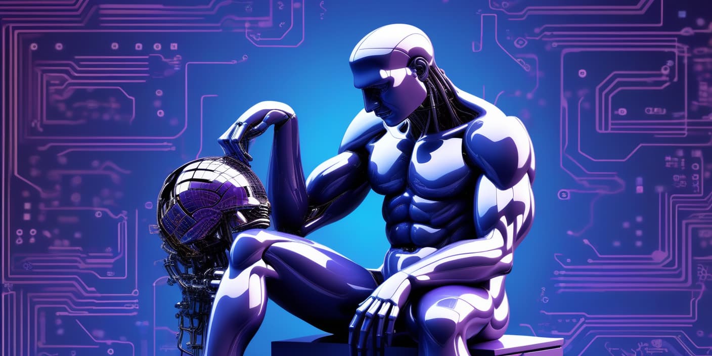  create an ai generated image in a 16:9 aspect ratio. the central figure should be a modern reinterpretation of "the thinker," positioned in the center far right of the frame. the background should feature a blue and purple circuit board aesthetic, giving a tech inspired look. the image should be suitable for use as a banner and thumbnail for a youtube channel titled "the thinking machine."