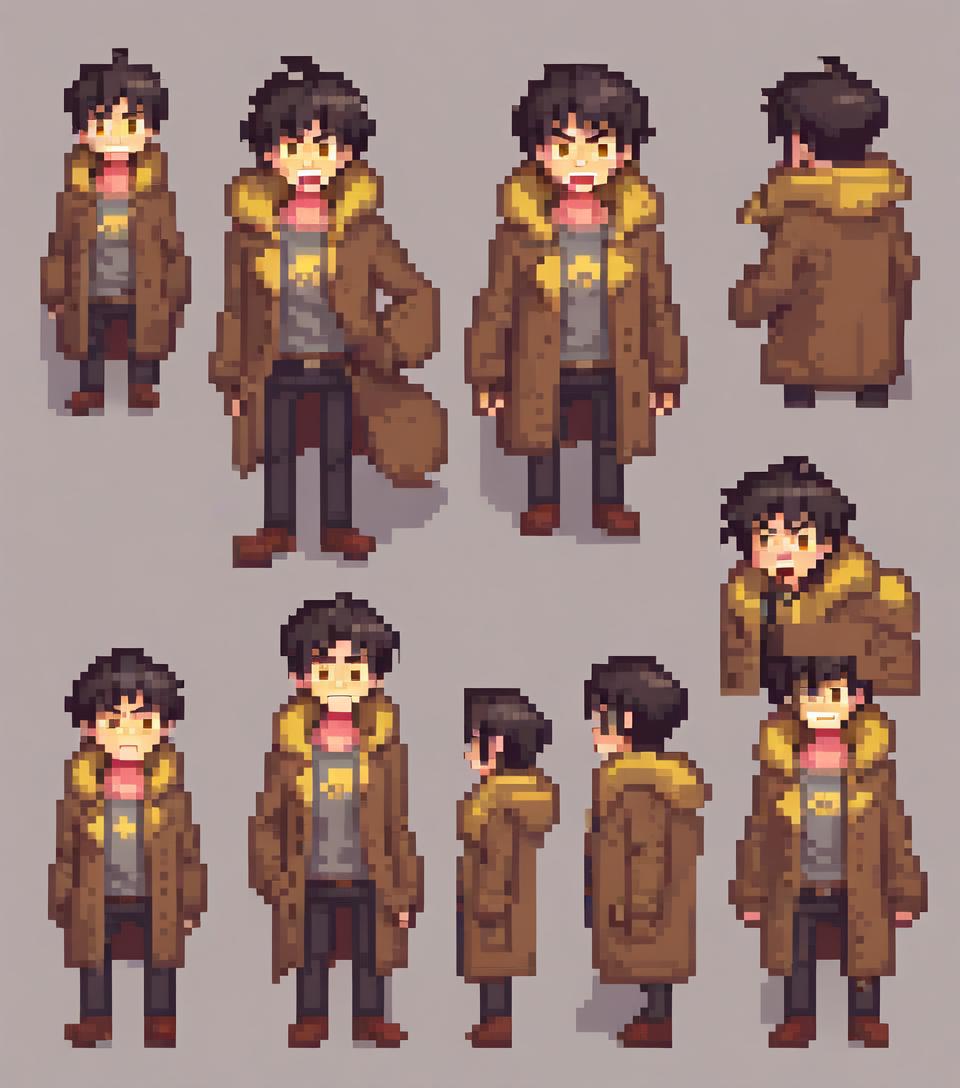  anime character in the style of pixel art. a young man with black hair, white skin, reddish eyes and a wide mouth with yellow teeth in a brown coat. six of his images: a full length character, a character's face: lol, angry, frightened, sad, confused.