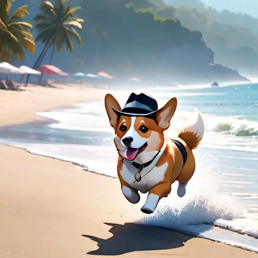  a corgi running down the beach wearing a big fedora hyperrealistic, full body, detailed clothing, highly detailed, cinematic lighting, stunningly beautiful, intricate, sharp focus, f/1. 8, 85mm, (centered image composition), (professionally color graded), ((bright soft diffused light)), volumetric fog, trending on instagram, trending on tumblr, HDR 4K, 8K