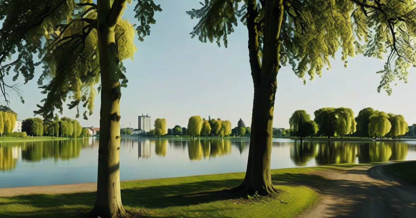  hyperrealistic art realistic landscape, metropolis in the distance, left linden tree and right linden tree, sunny summer day, wide angle camera, park, lake reflects trees, cinematic, bottom view . extremely high resolution details, photographic, realism pushed to extreme, fine texture, incredibly lifelike