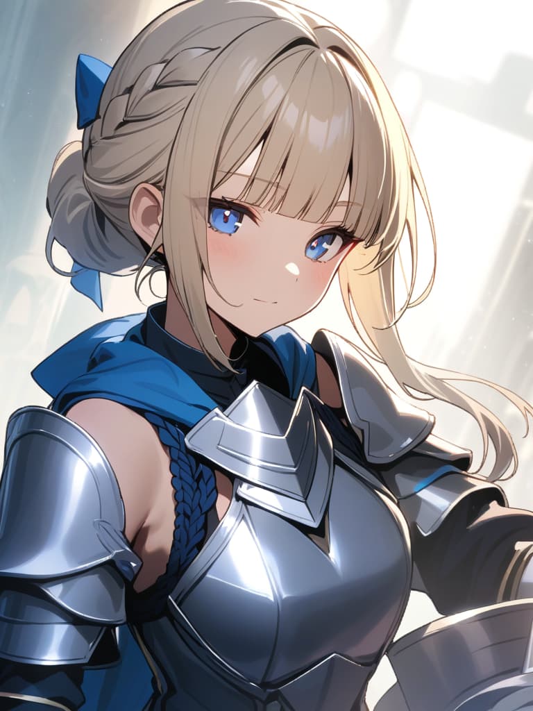  ultra detailed:1.2,masterpiece:1.2,best quality,masterpiece,bestquality,hdr:1.1,8k:1.1,very cute girl:1.3,(silver armor dress,blue dress:1.3)((blond hair,chignon:1.7)),((braided side hair,blunt bangs:1.6)),(blue head ribbon:1.1),(blue eyes:1.3),(holding great sword:1.6)dignified expression:1.3,dutch angle,upper body