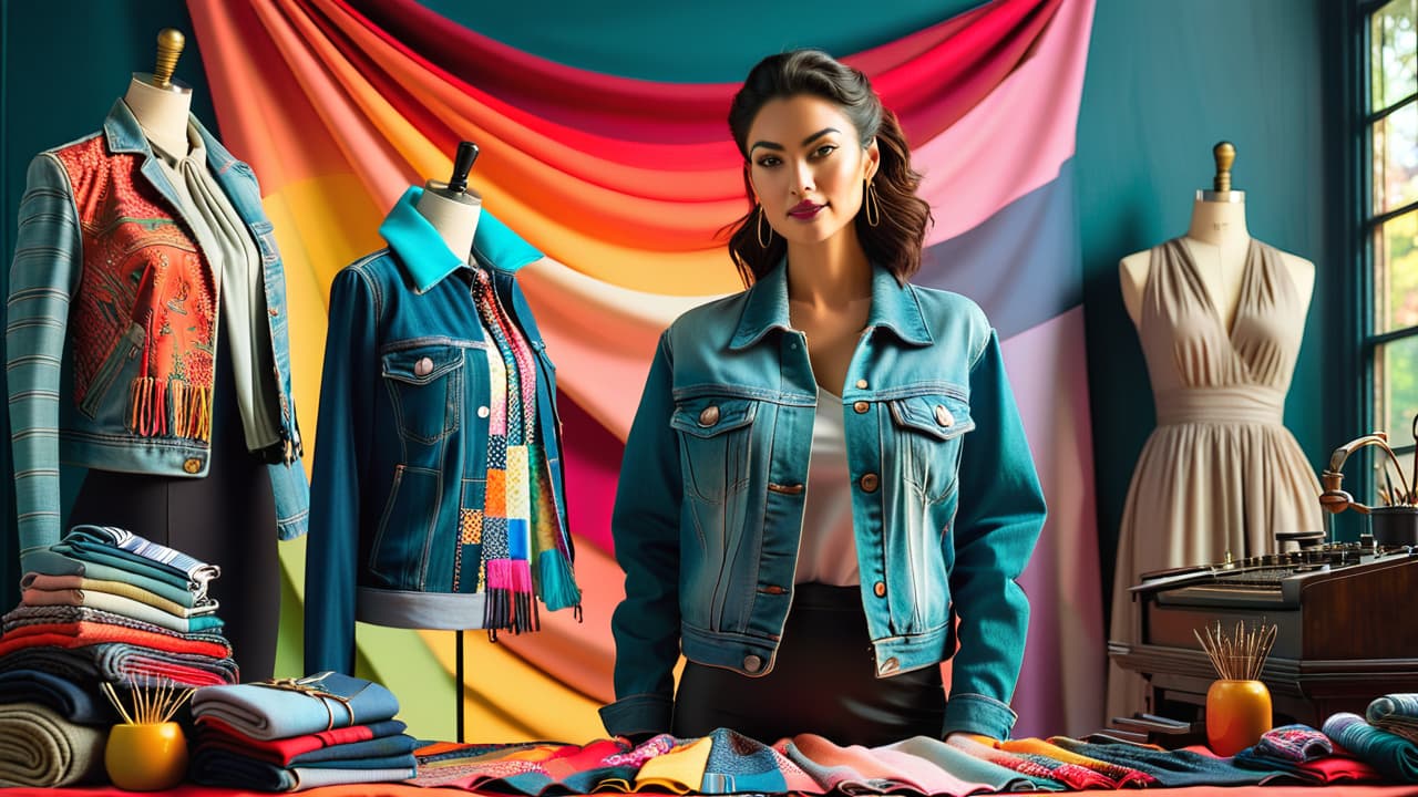  a vibrant collage showcasing upcycled clothing: a patchwork jacket, a dress made from vintage scarves, and accessories crafted from denim scraps, all set against a backdrop of a creative workshop with sewing tools and fabric swatches. hyperrealistic, full body, detailed clothing, highly detailed, cinematic lighting, stunningly beautiful, intricate, sharp focus, f/1. 8, 85mm, (centered image composition), (professionally color graded), ((bright soft diffused light)), volumetric fog, trending on instagram, trending on tumblr, HDR 4K, 8K