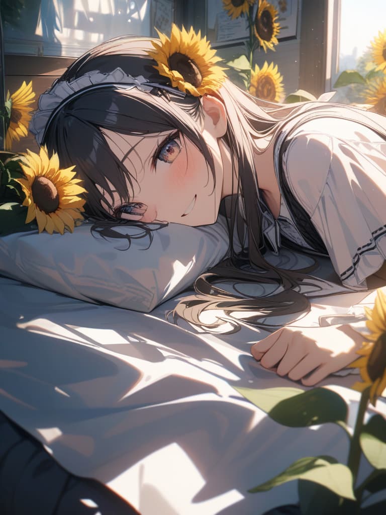  maid, gles , gles , sunflower, morning sun, smile, , black hair, ided s with gles, masterpiece, best quality,8k,ultra detailed,high resolution,an extremely delicate and beautiful,hyper detail