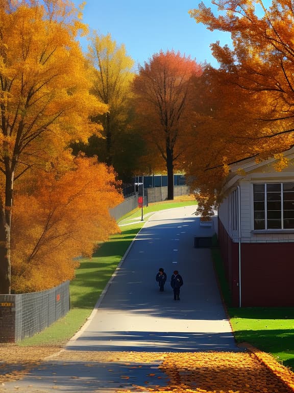  children go to school, autumn, sunny day, high accuracy. realism.