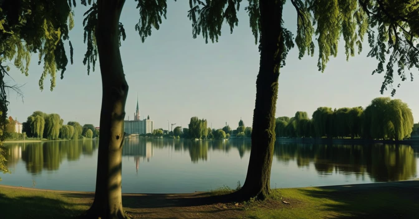  horror themed realistic landscape, metropolis in the distance, left linden tree and right linden tree, sunny summer day, wide angle camera, park, lake reflects trees, cinematic, bottom view . eerie, unsettling, dark, spooky, suspenseful, grim, highly detailed