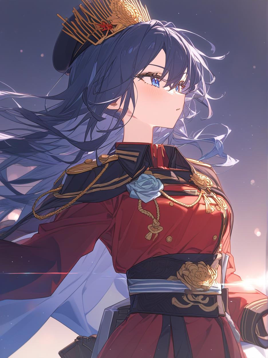  oda nobunaga from fate. her outfit that looks like a military uniform is something she prepared as a hobby when she was drafted as a servant. with a black hat with red details. gold details on his military outfit, red uniform. she has light blue eyes, silver and cyan blue hair, very long. menacing sword, larger and sharper sword. details, 8k. . best quality, high resolution