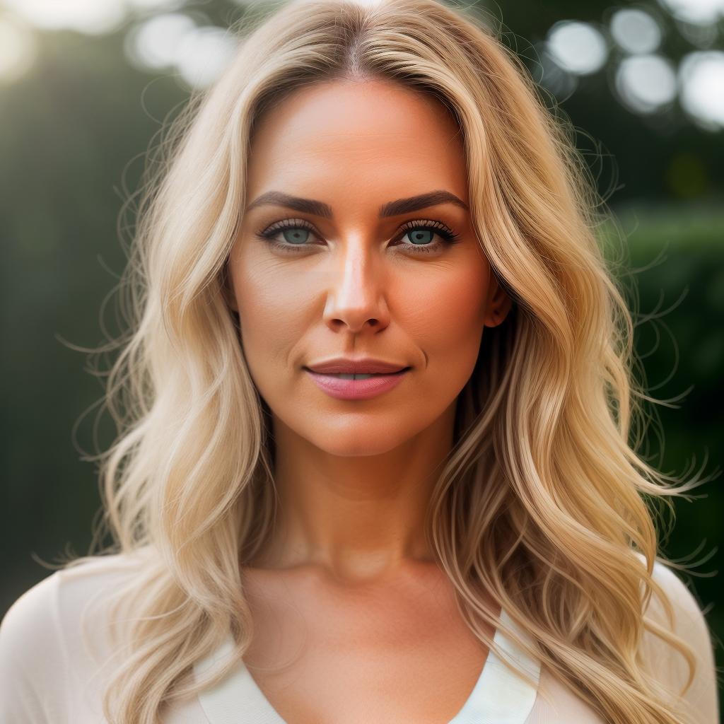  (((realistic full torso frontal head shot of a light beige to medium tan skin tone woman))), heike mia schneider, ((caucasian heritage)), immature face, green eye color, ((wavy hair style)), ((blonde hair color)), (( body type)), medium size, athletic size, (immature long narrow nose), (immature high cheekbones), (immature defined jawline), (immature broad forehead), (immature straight eyebrows), (immature pointed chin), standing straight looking directly into the camera,((wearing fitted polo shirt with deep v neck and monogrammed pocket)), backyard in background, 1, best quality, highest quality, award winning photo, masterpiece, raw, professional photography, photorealism, sharp focus, cinematic, high resolution hyperrealistic, full body, detailed clothing, highly detailed, cinematic lighting, stunningly beautiful, intricate, sharp focus, f/1. 8, 85mm, (centered image composition), (professionally color graded), ((bright soft diffused light)), volumetric fog, trending on instagram, trending on tumblr, HDR 4K, 8K