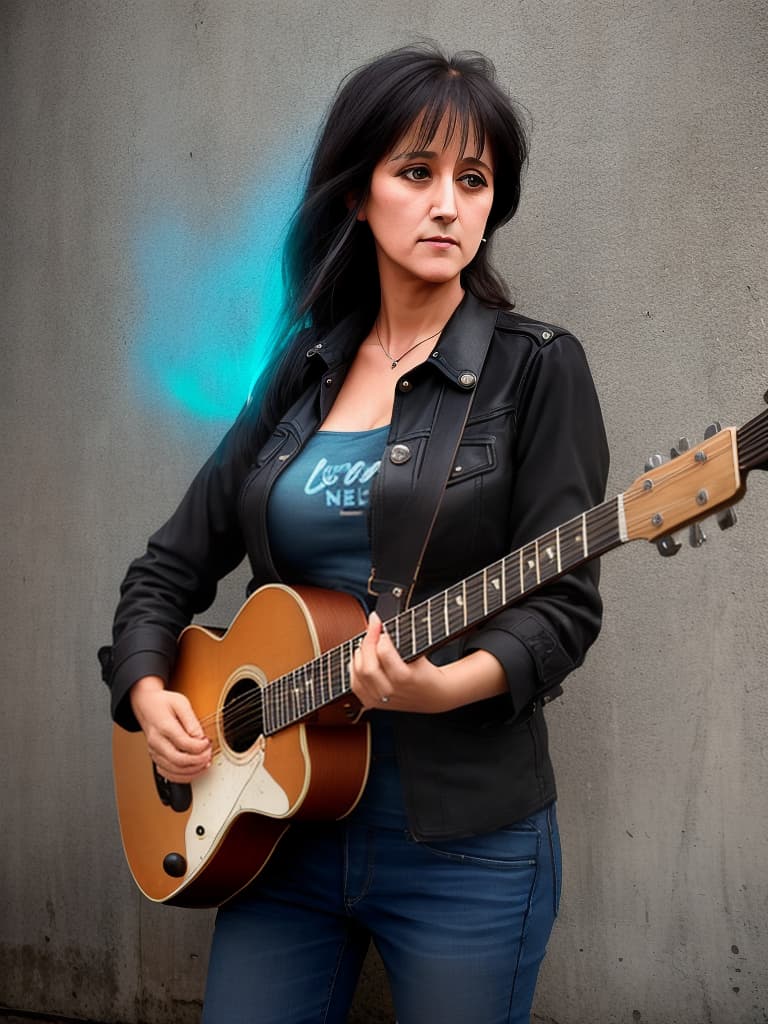  A younger Country singer Joan Baez, medium shot, upper body, spotlight, long exposure lighting, street art style spray paint, glamour lighting