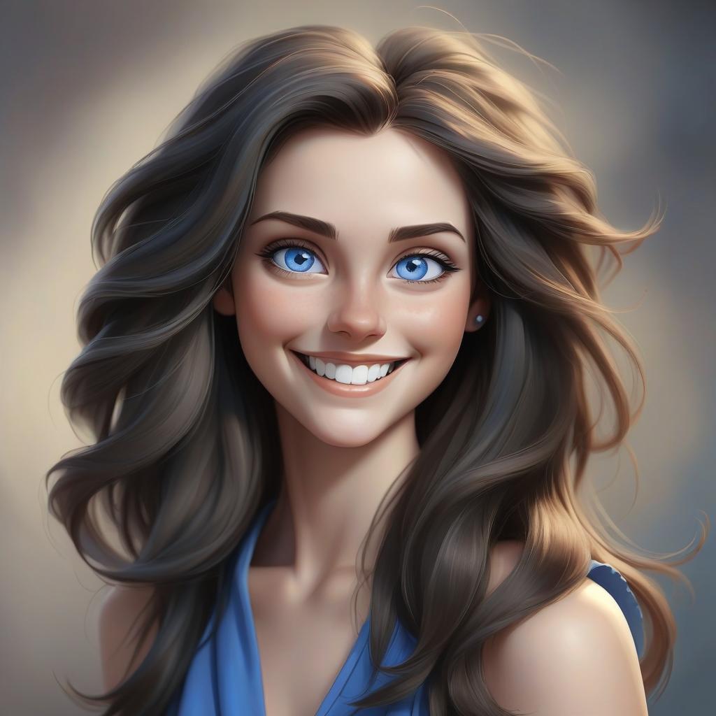  realistic photo of a beautiful young smiling woman with dark tailed hair with blue eyes