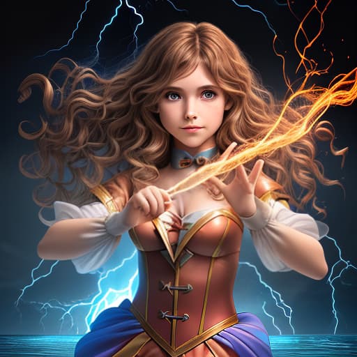  girl magician controlling the element of lightning and the element of fire and the element of water and the element of the earth and the element of air with brown wavy hair and in the costume of a magician