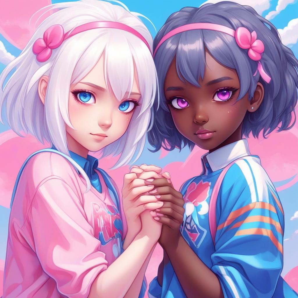  kawaii style two girls holding hands in anime style one with white hair and blue eyes, the other with dark skin and pink eyes, hair . cute, adorable, brightly colored, cheerful, anime influence, highly detailed