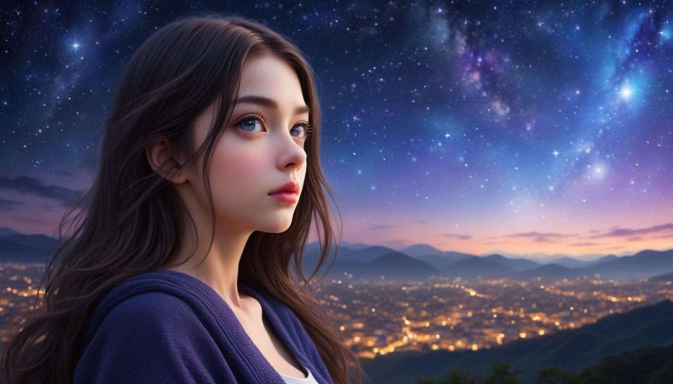  one girl, beautiful face, detailed eyes, starry sky background