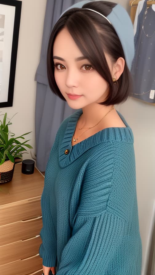  Room V sweater with dark blue-green buttons Brown hair semi-straight long woman On eyebrows