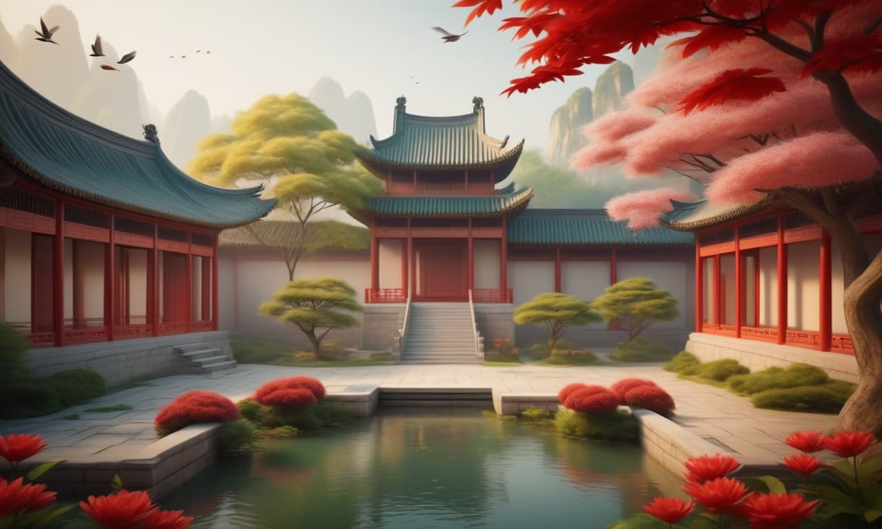  chinese style architecture, courtyard, trees, red flowers, bird, pond, rhythmic atmosphere, dreamy texture, soft colors. art style: chinese traditional, nature inspired. inspirations: chinese paintings, traditional architecture. camera: medium shot, wide angle lens. lighting: soft natural light, warm tones. 4k, detailed, chinese architecture, serene, tranquil, ethereal, harmonious atmosphere, traditional elements.