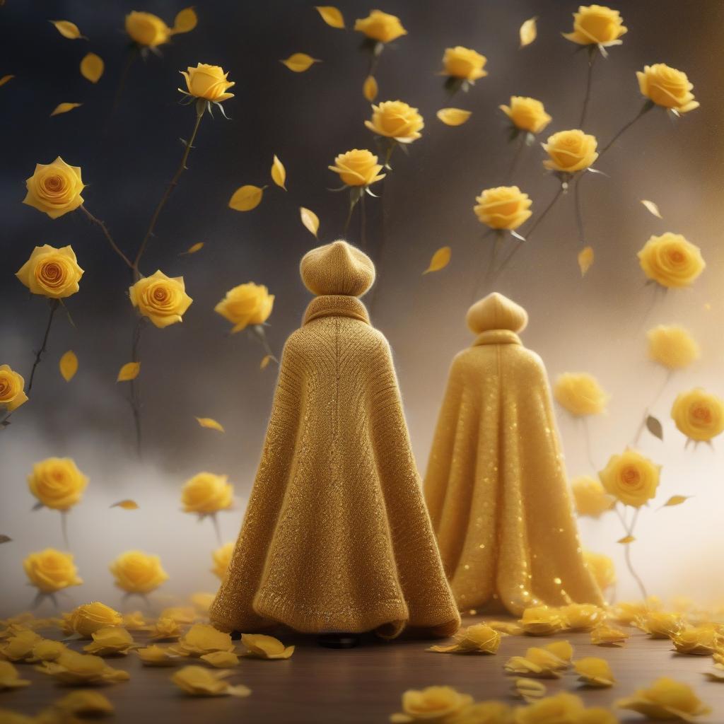  Knitted from raven wool, yellow roses, gold brocade background, realistic color photo hyperrealistic, full body, detailed clothing, highly detailed, cinematic lighting, stunningly beautiful, intricate, sharp focus, f/1. 8, 85mm, (centered image composition), (professionally color graded), ((bright soft diffused light)), volumetric fog, trending on instagram, trending on tumblr, HDR 4K, 8K