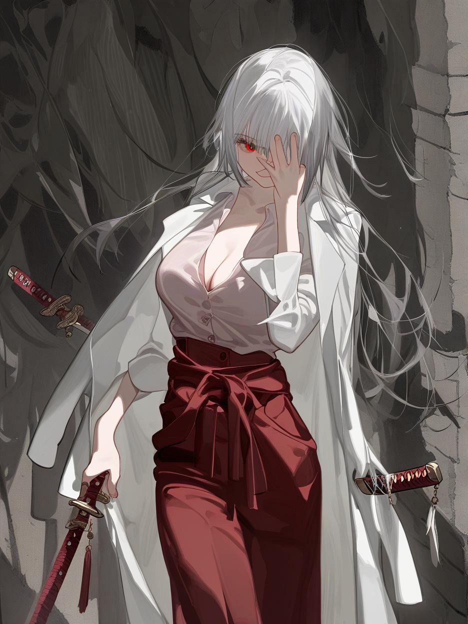  create for me a character with anime manga art. a woman with long, frayed silver hair, which even covers her face. she has deep, lifeless red eyes resembling wine. she wears dark dress pants. a red dress shirt with buttons on its front seam, two thin belts under its bust. a light gray lab coat on the shoulders. she walks around with two katanas around her waist. . best quality, high resolution