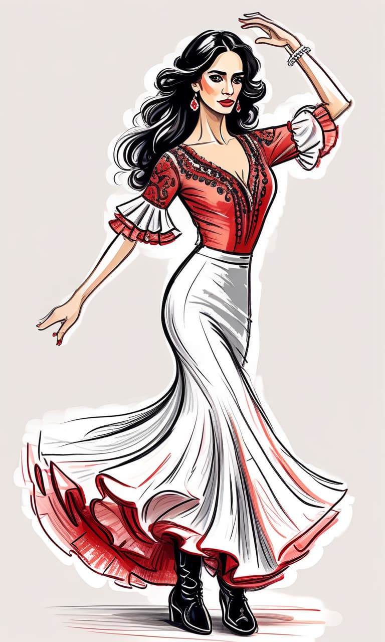  sketching with short strokes, with multicolor pencil, spanish dancer in spanish dress dancing flamenco, full length, in boots, long dress, beautiful eyes, slight smile, fine lines, elegant, on the white background. contours. long loose black hair.