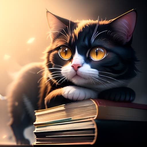  a painted cat lies on books, big head, big eyes, caricature, a caricature, digital rendering, (figurativism:0.8) hyperrealistic, full body, detailed clothing, highly detailed, cinematic lighting, stunningly beautiful, intricate, sharp focus, f/1. 8, 85mm, (centered image composition), (professionally color graded), ((bright soft diffused light)), volumetric fog, trending on instagram, trending on tumblr, HDR 4K, 8K