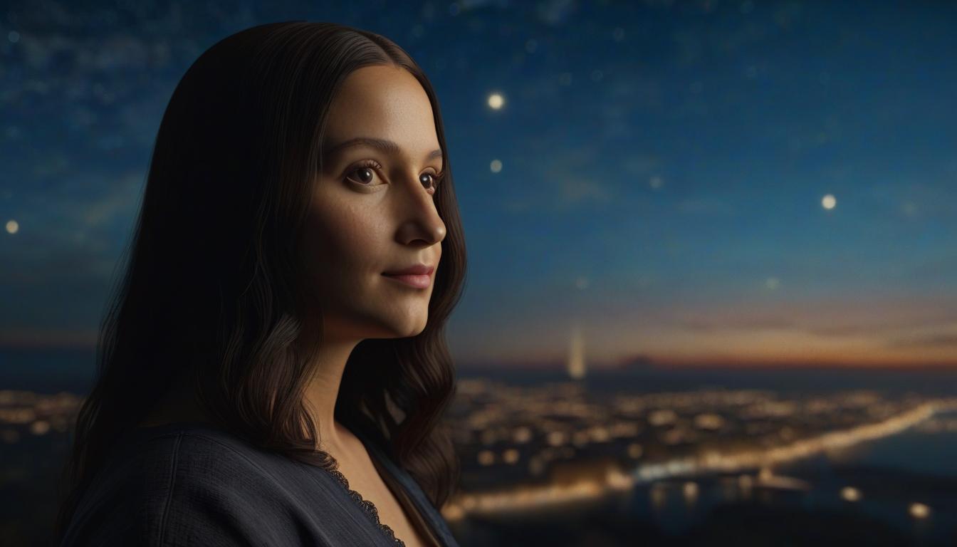  mona lisa, looking at the viewer, mild smile, a reimagined portrait of the mona lisa set against a starry night sky. photo realistic, highly intricate and detailed, masterpiece, ultra high res,photography,8k resolution