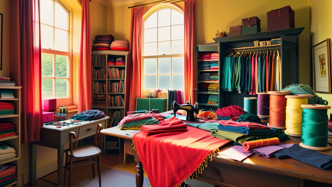  a cozy room filled with vibrant piles of old clothing, an array of sewing tools scattered nearby, colorful threads, and a sunny window casting light on a creative workspace, inviting inspiration for upcycling projects. hyperrealistic, full body, detailed clothing, highly detailed, cinematic lighting, stunningly beautiful, intricate, sharp focus, f/1. 8, 85mm, (centered image composition), (professionally color graded), ((bright soft diffused light)), volumetric fog, trending on instagram, trending on tumblr, HDR 4K, 8K