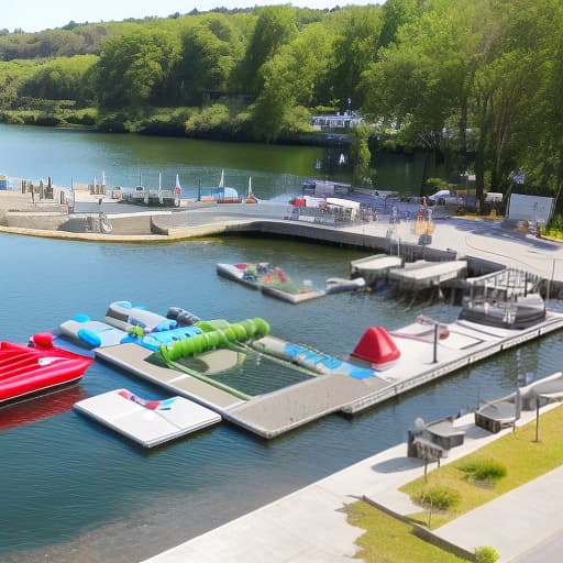 dvarchmodern a beautiful marina with finger pontoons for silver boats, complete with a gangway leading to the shore, mooring bollards, and a safety equipment station featuring a lifebuoy. onshore, along the path, there is a pergola (shade structure) with benches and a small kiosk selling water recreation equipment such as sup boards, kayaks, canoes, pedal boats, and inflatable towables. the background is a lush, green riverbank. the scene should be photorealistic, highly detailed, and visually stunning. q 2, style 4c, v 5